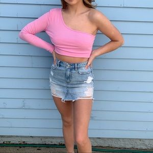 distressed denim mini skirt